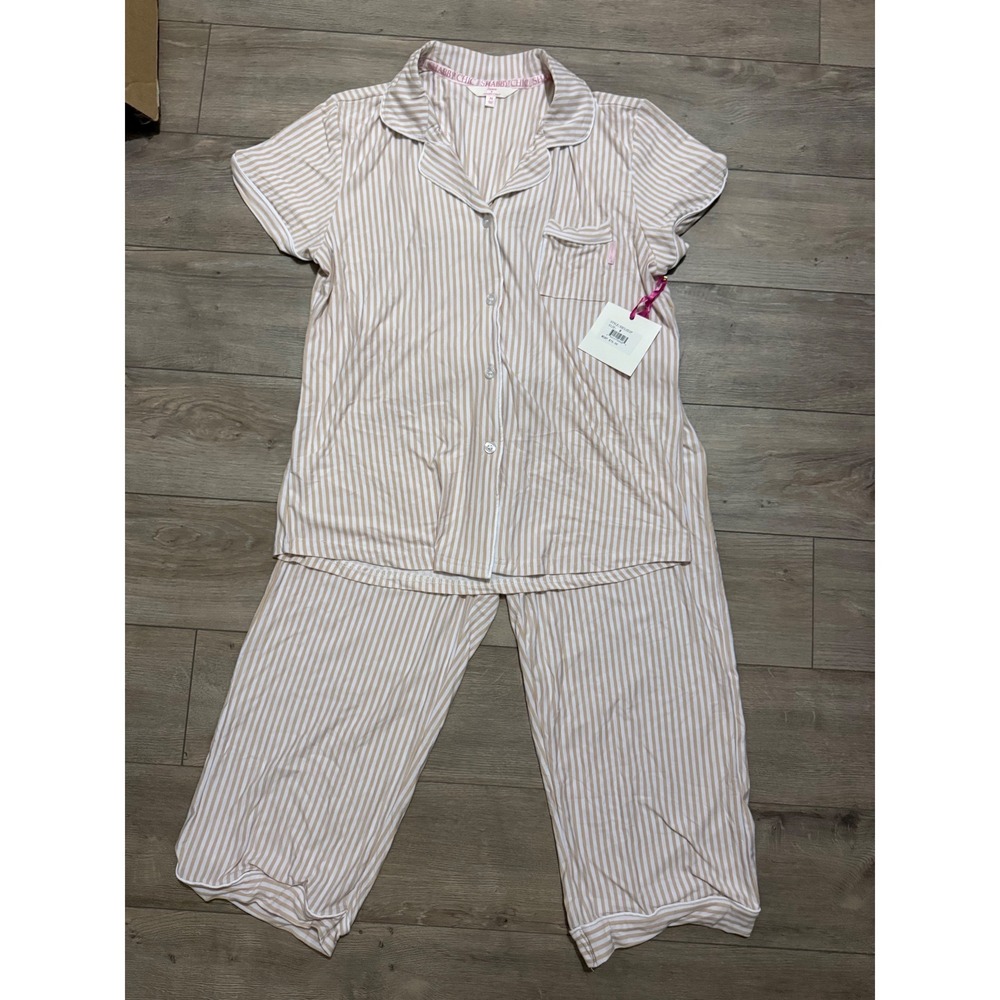 NWT Shabby Chic Treasures Tan White Striped Pajama Set Short Sleeve Crop Pant M